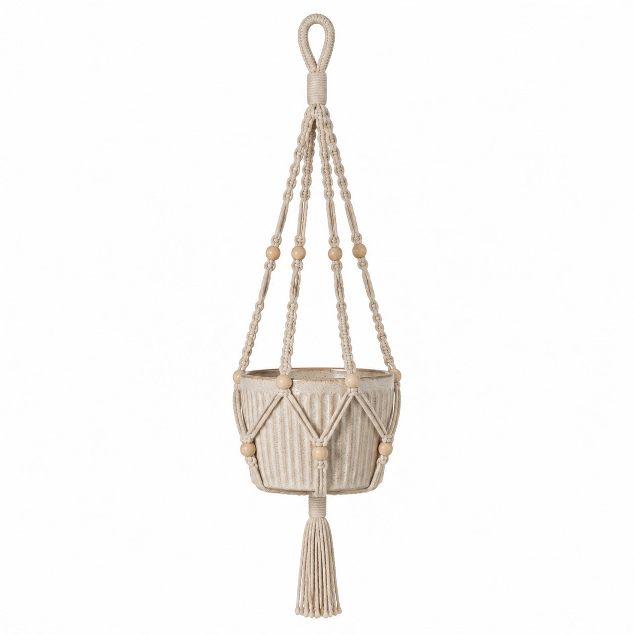 Pot de fleurs suspendu diamètre 18 cm en céramique beige avec suspension en coton style bohème