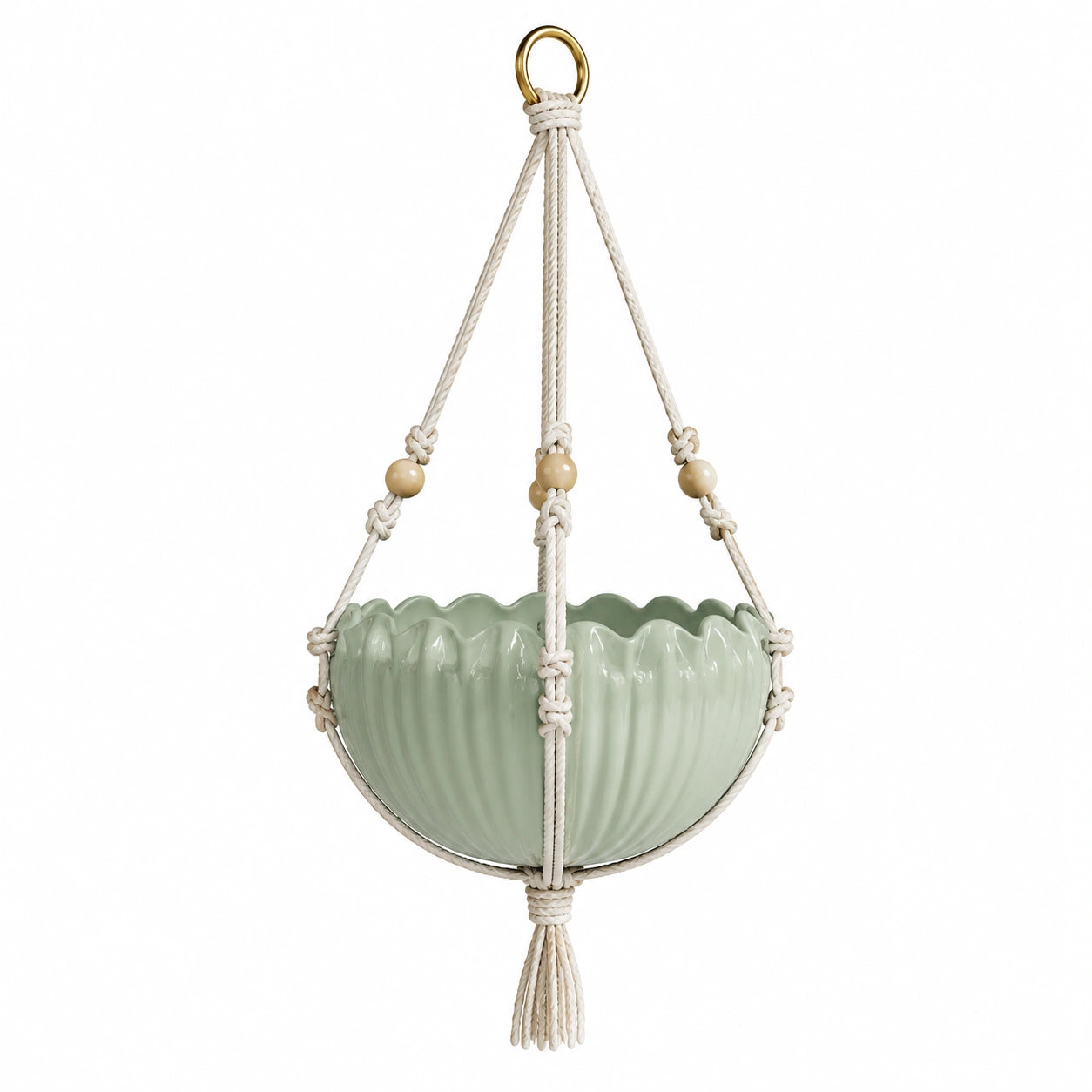 Pot de fleurs suspendu diamètre 20 cm en céramique vert clair avec cordage en coton style bohème pour intérieur