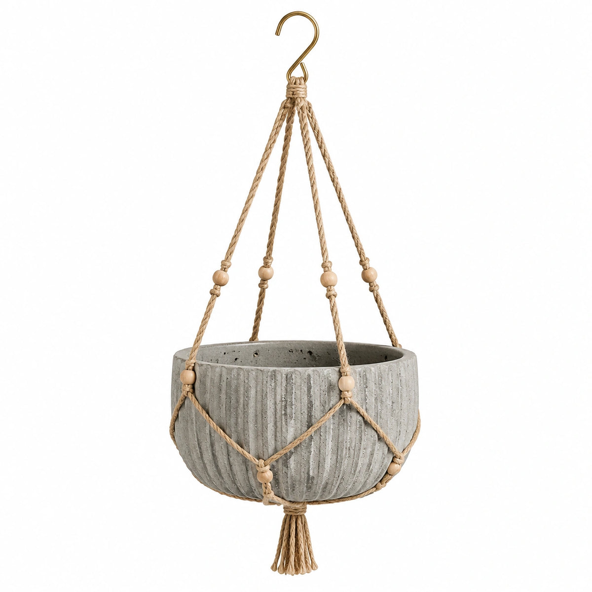 Pot de fleurs suspendu 25 cm en ciment gris avec corde tressée style bohème