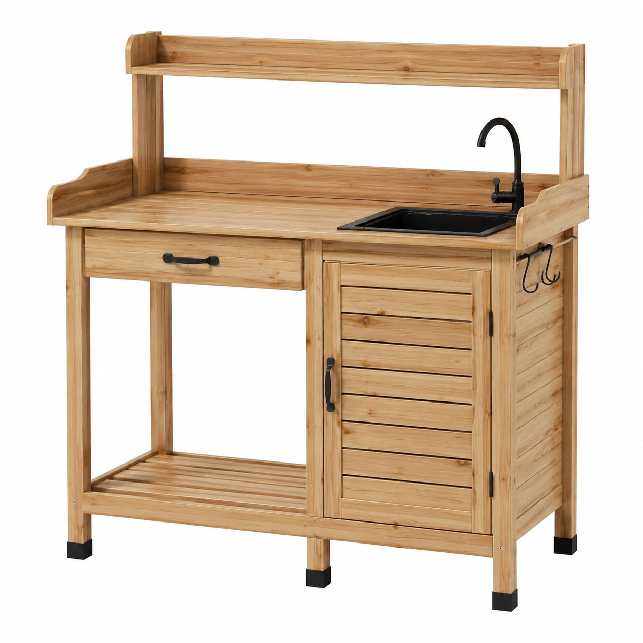 Table de jardinage 110 x 55 x 170 cm en bois naturel avec évier et rangement