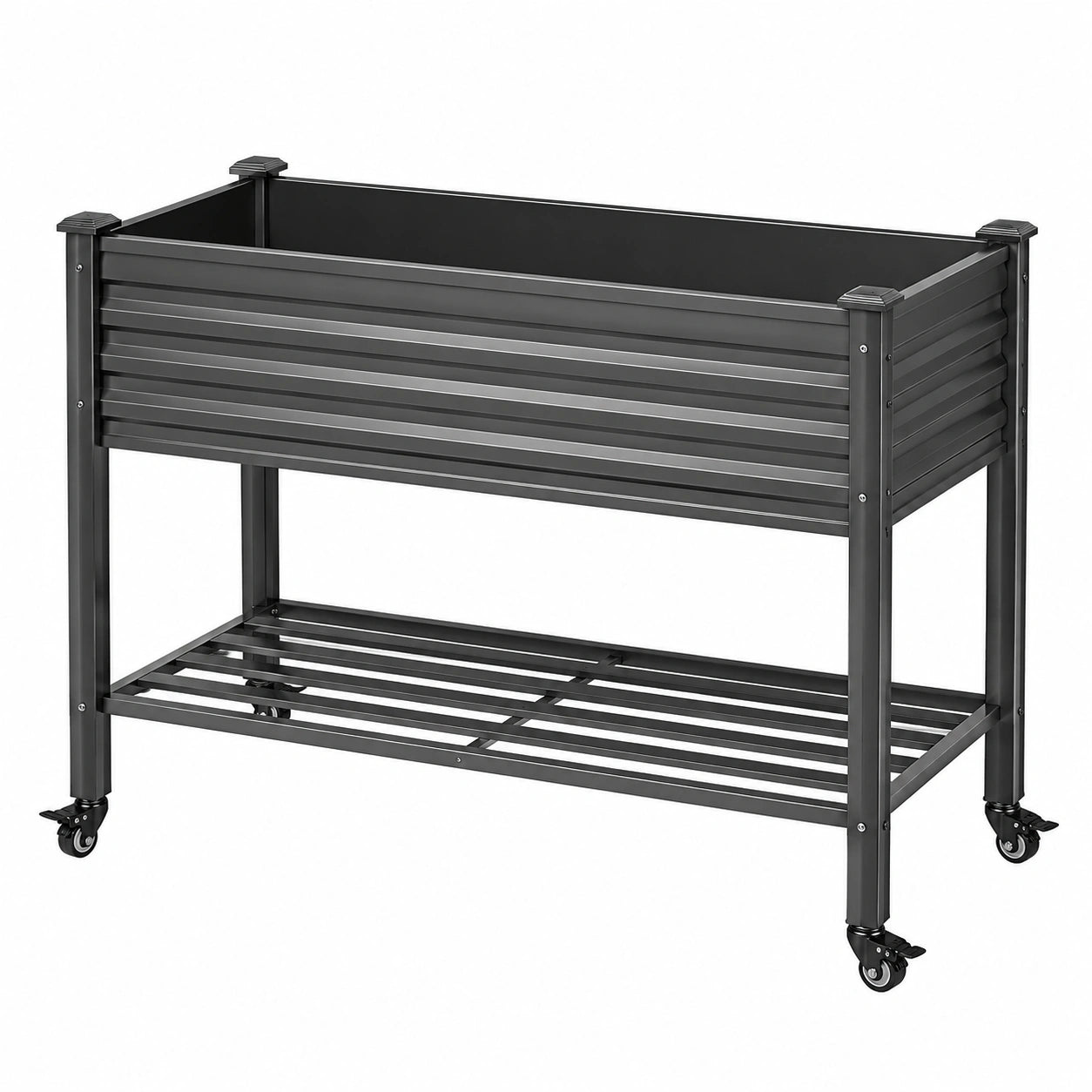 Jardinière surélevée 120 x 60 x 100 cm en acier noir avec roulettes et tablette de rangement