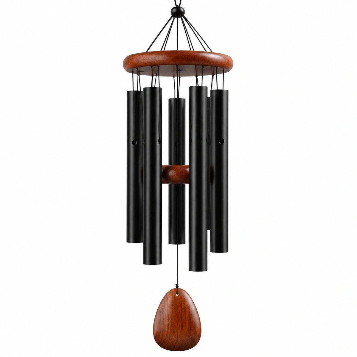 Carillon éolien 90 cm en métal noir et bois brun pour décoration intérieure et extérieure