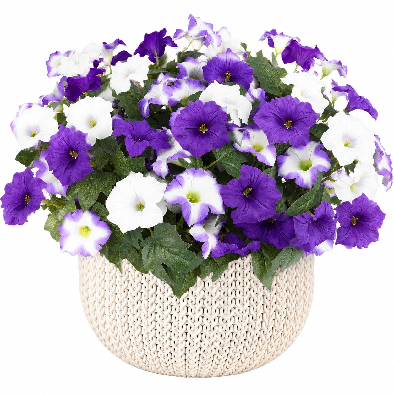 Plante artificielle en pot 35 cm pétunias violet blanc feuillage vert décoration intérieure