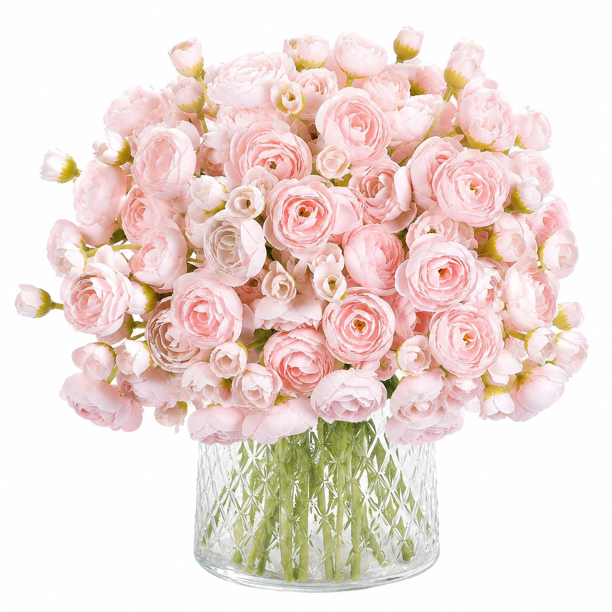 Bouquet de fleurs artificielles 45 cm rose pâle en textile avec vase en verre décoratif
