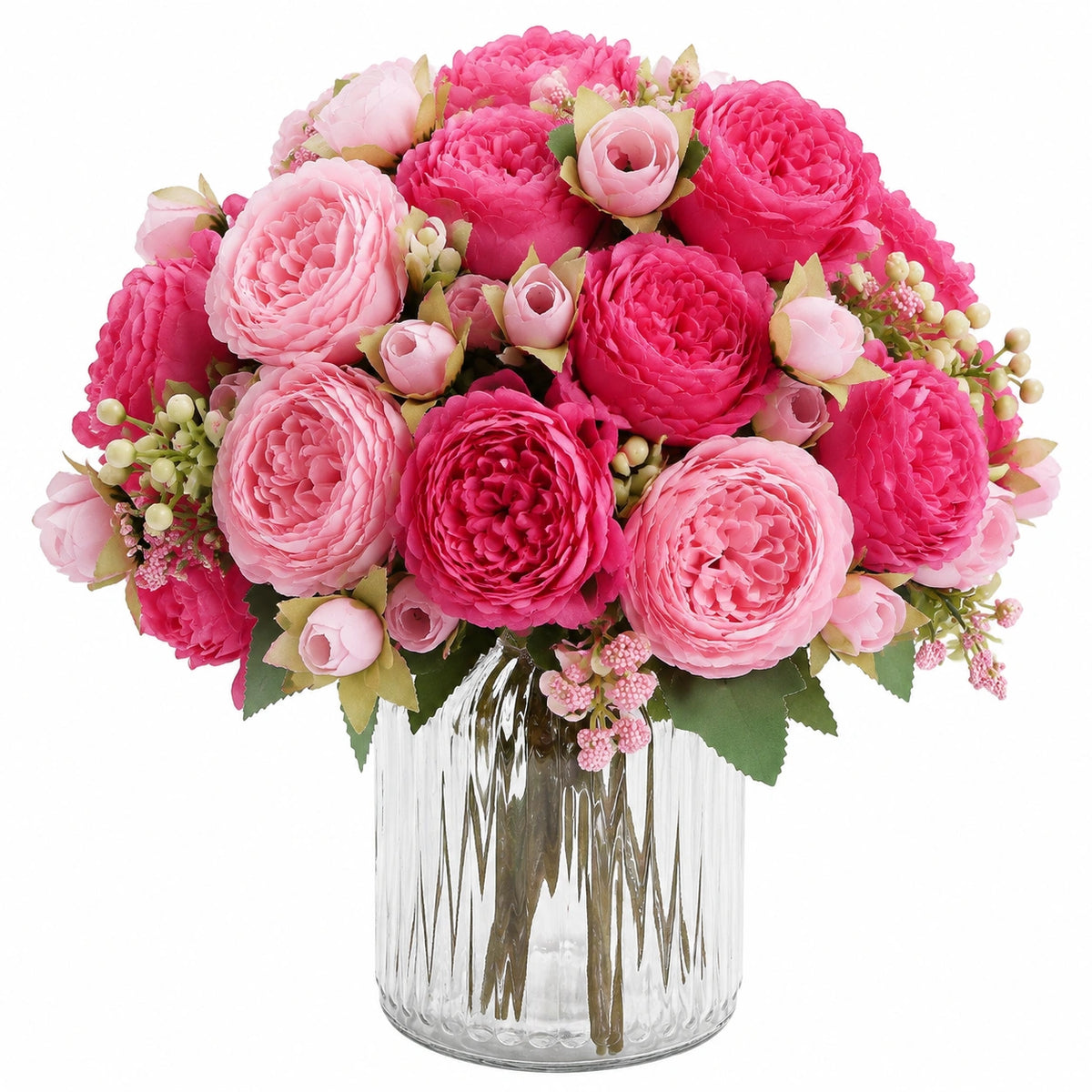 Composition florale artificielle en pot 45 cm en polyester rose fuchsia décorative