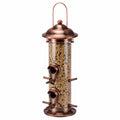 Mangeoire à oiseaux cylindrique 48 cm en métal cuivre suspendue à 4 perchoirs