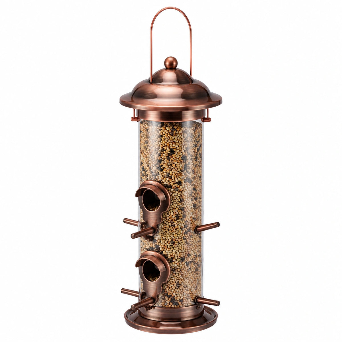 Mangeoire à oiseaux cylindrique 48 cm en métal cuivre suspendue à 4 perchoirs