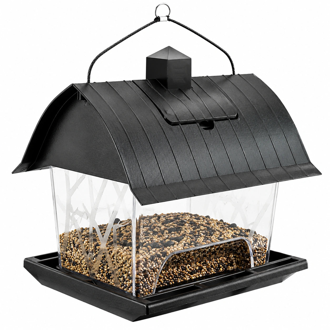 Mangeoire à oiseaux suspendue 23 x 19 x 24 cm en plastique noir et transparent pour jardin