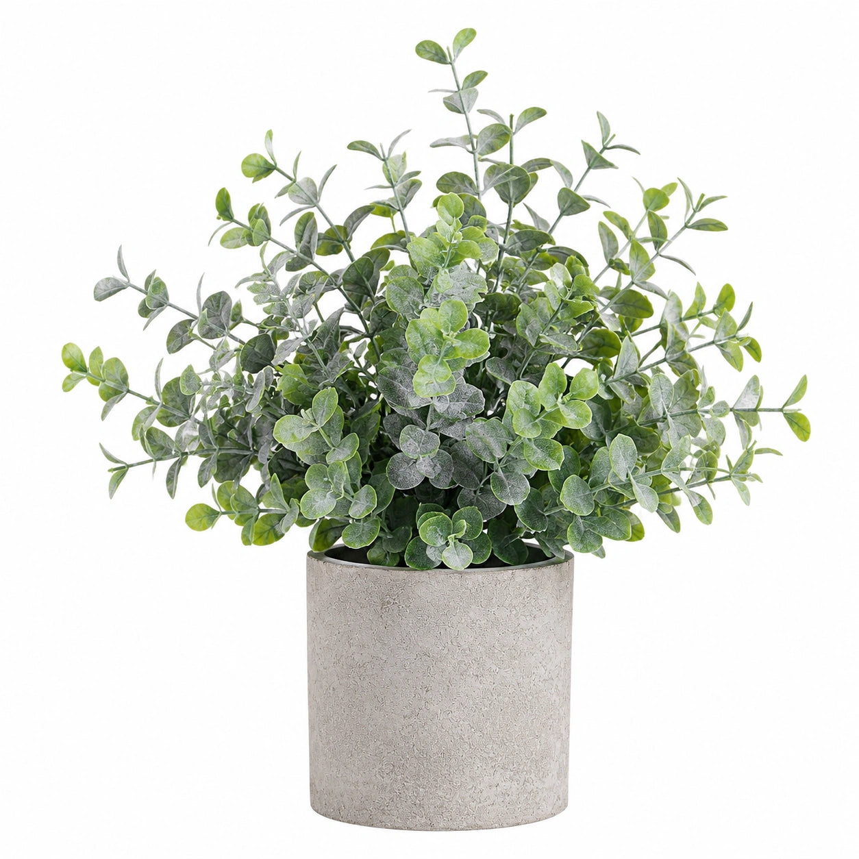 Plante verte artificielle eucalyptus 55 cm feuillage vert en plastique avec pot cylindrique effet ciment